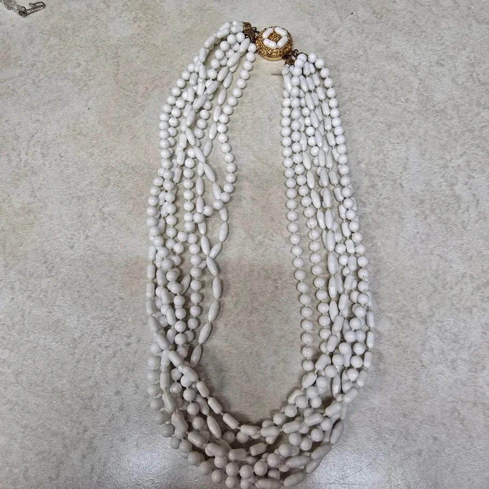 Vintage Milk Glass Multi Strand Necklace White Beaded 5 Row‎ Statement Gold Tone